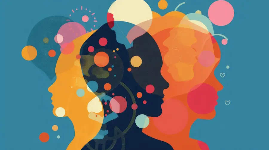 Three faces in profile, dissolving into colour and light